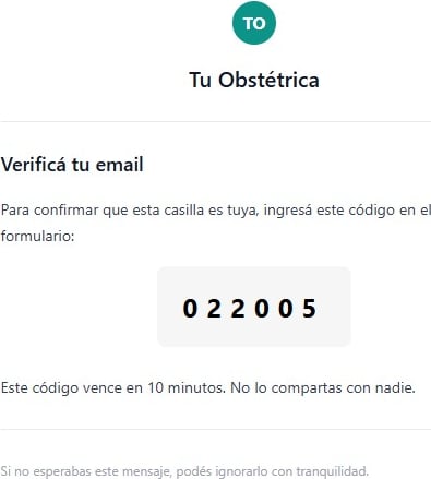 Mail con el código de verificación