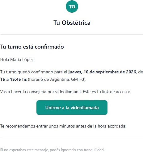 Mail de confirmación del turno